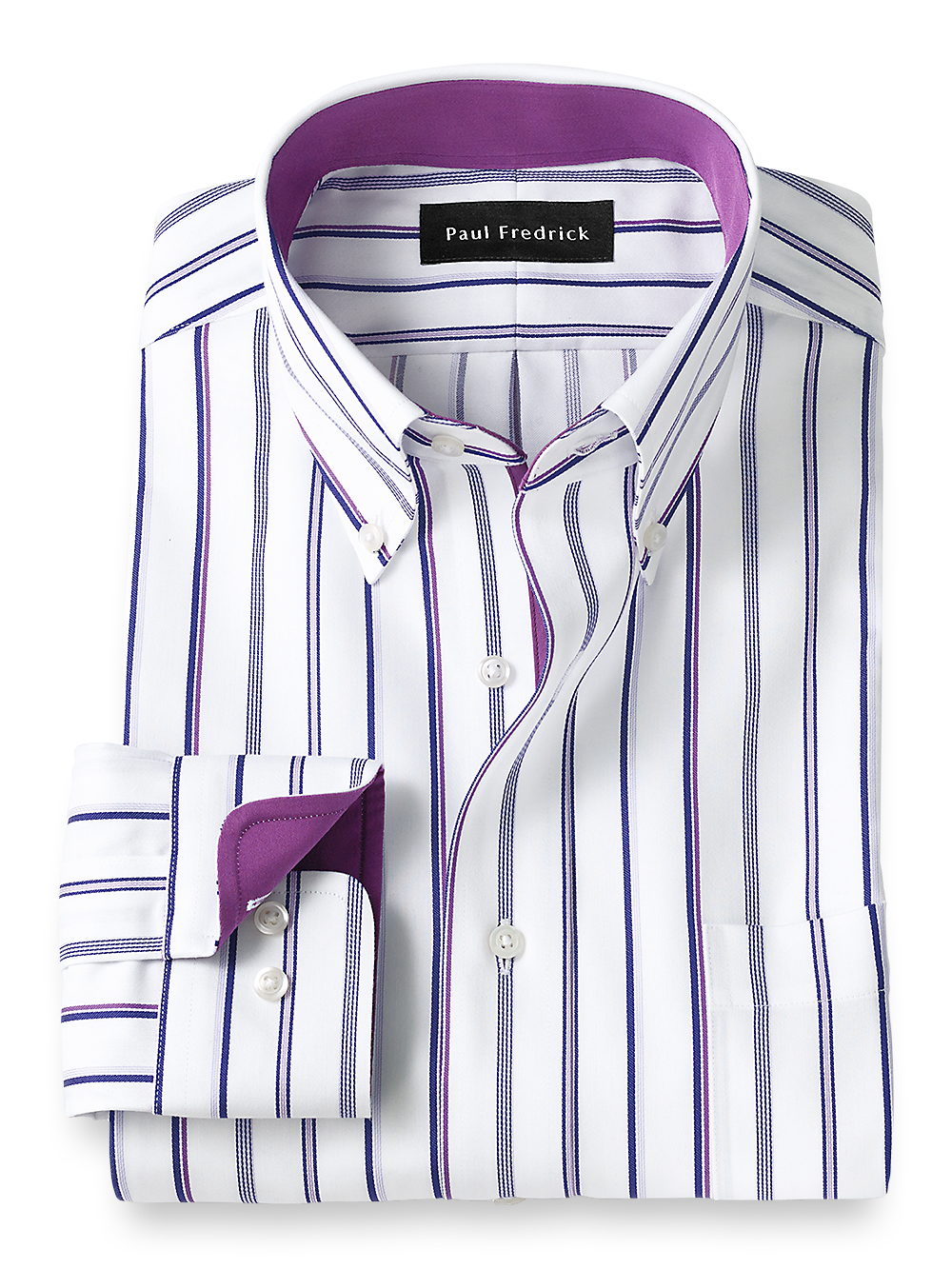 Product Image of Non-iron Cotton Stripe Dress Shirt With Contrast Trim-Purple