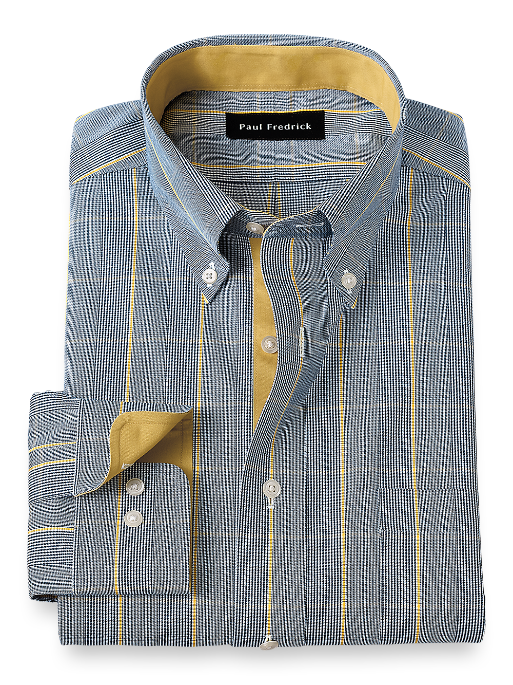 Product Image of Non-iron Cotton Glen Plaid Dress Shirt With Contrast Trim-Navy/Gold