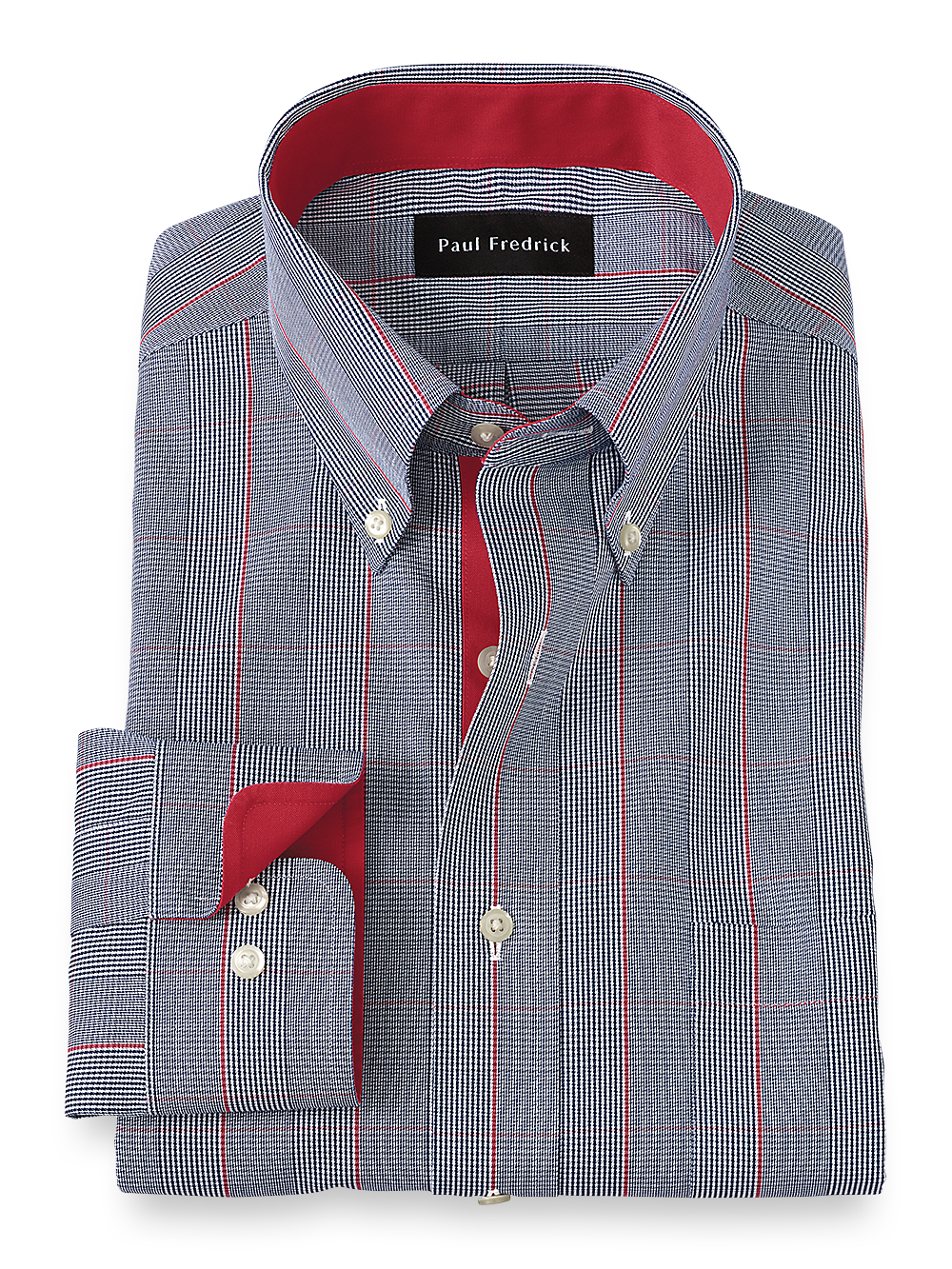 Product Image of Non-iron Cotton Glen Plaid Dress Shirt With Contrast Trim-Navy/Red