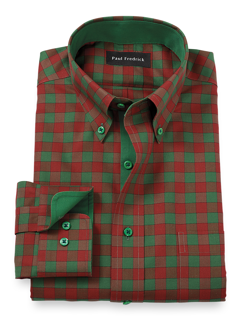 Product Image of Non-iron Cotton Gingham Dress Shirt With Contrast Trim-Green/Rust