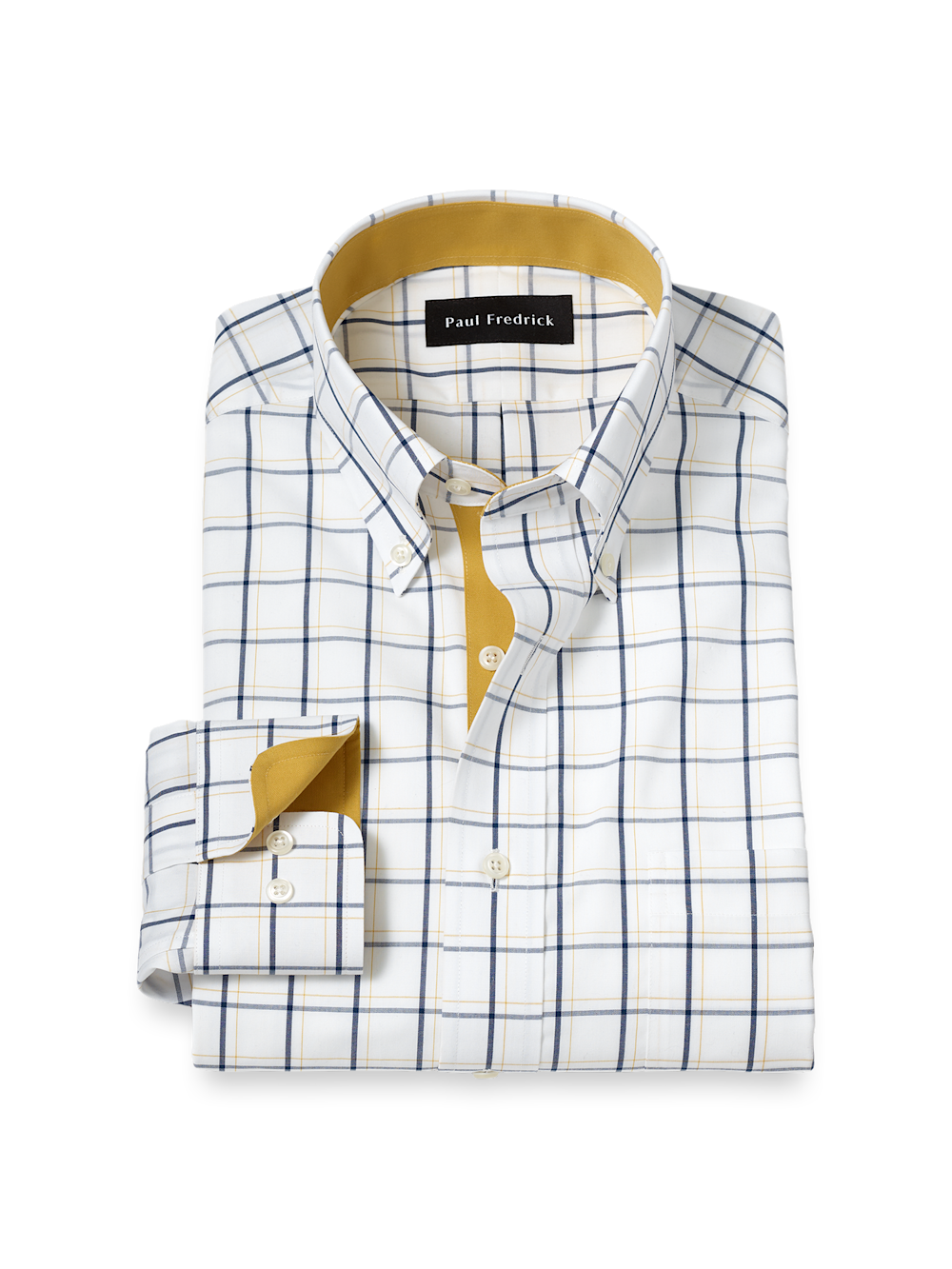 Product Image of Non-iron Cotton Windowpane Dress Shirt With Contrast Trim-Navy/Gold