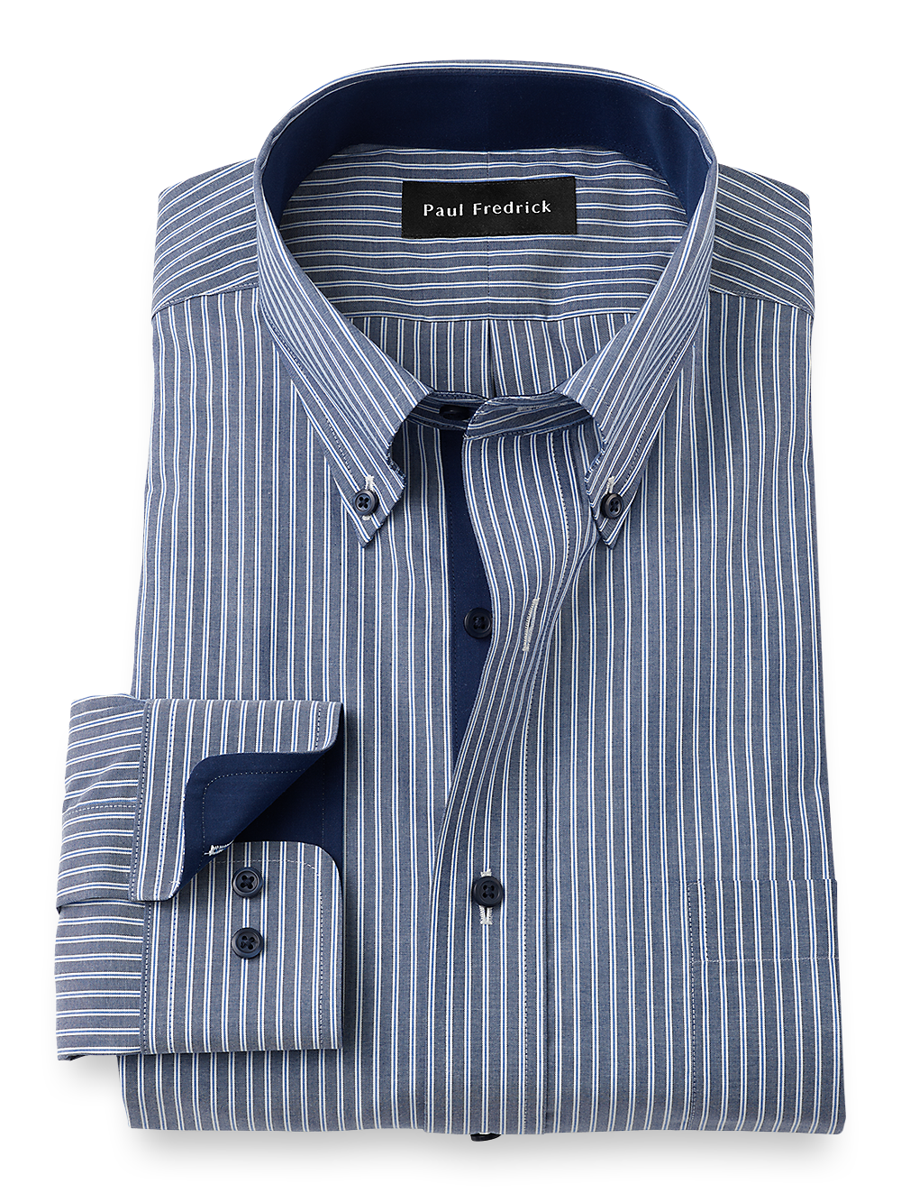 Product Image of Non-iron Cotton Stripe Dress Shirt With Contrast Trim-Navy