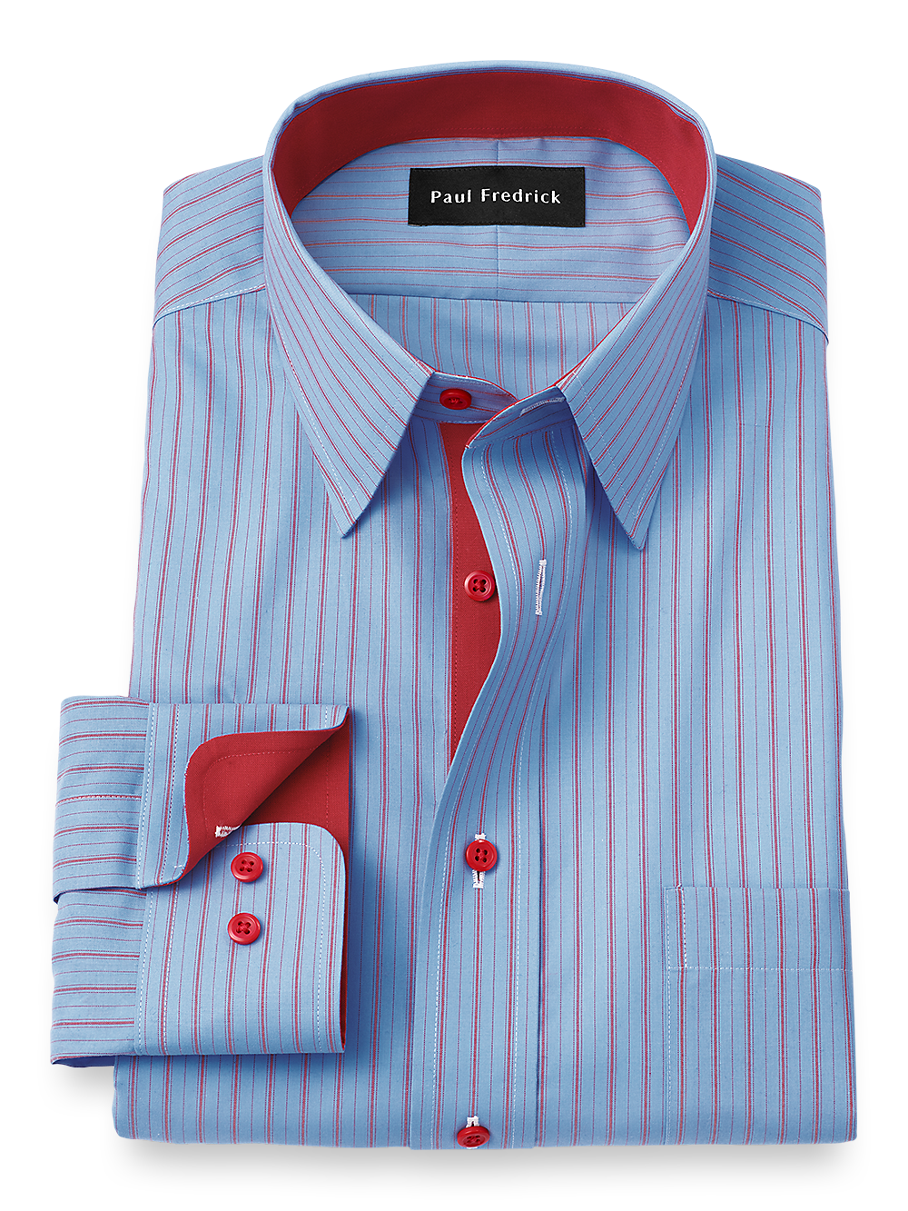 Product Image of Non-iron Cotton Stripe Dress Shirt With Contrast Trim-Blue/Red