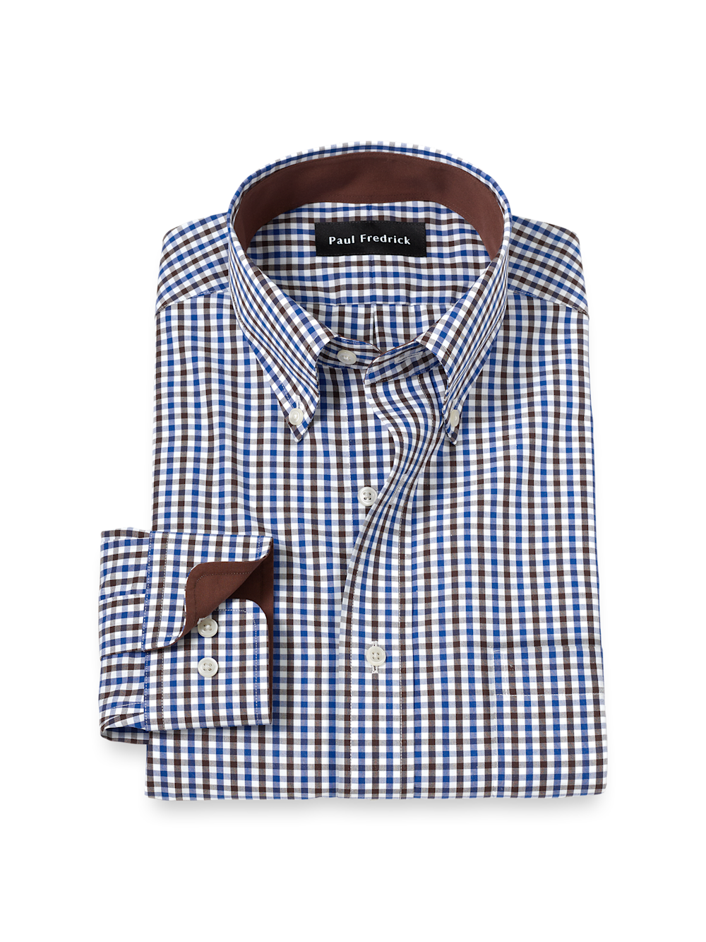 Product Image of Non-iron Cotton Gingham Dress Shirt With Contrast Trim-Blue/Brown