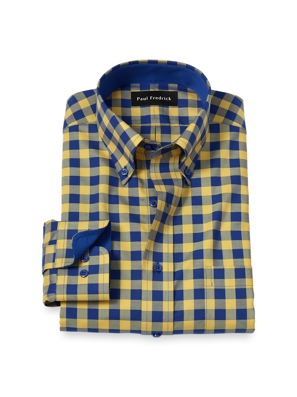 Product Image of Non-iron Cotton Gingham Dress Shirt With Contrast Trim-Blue/Yellow