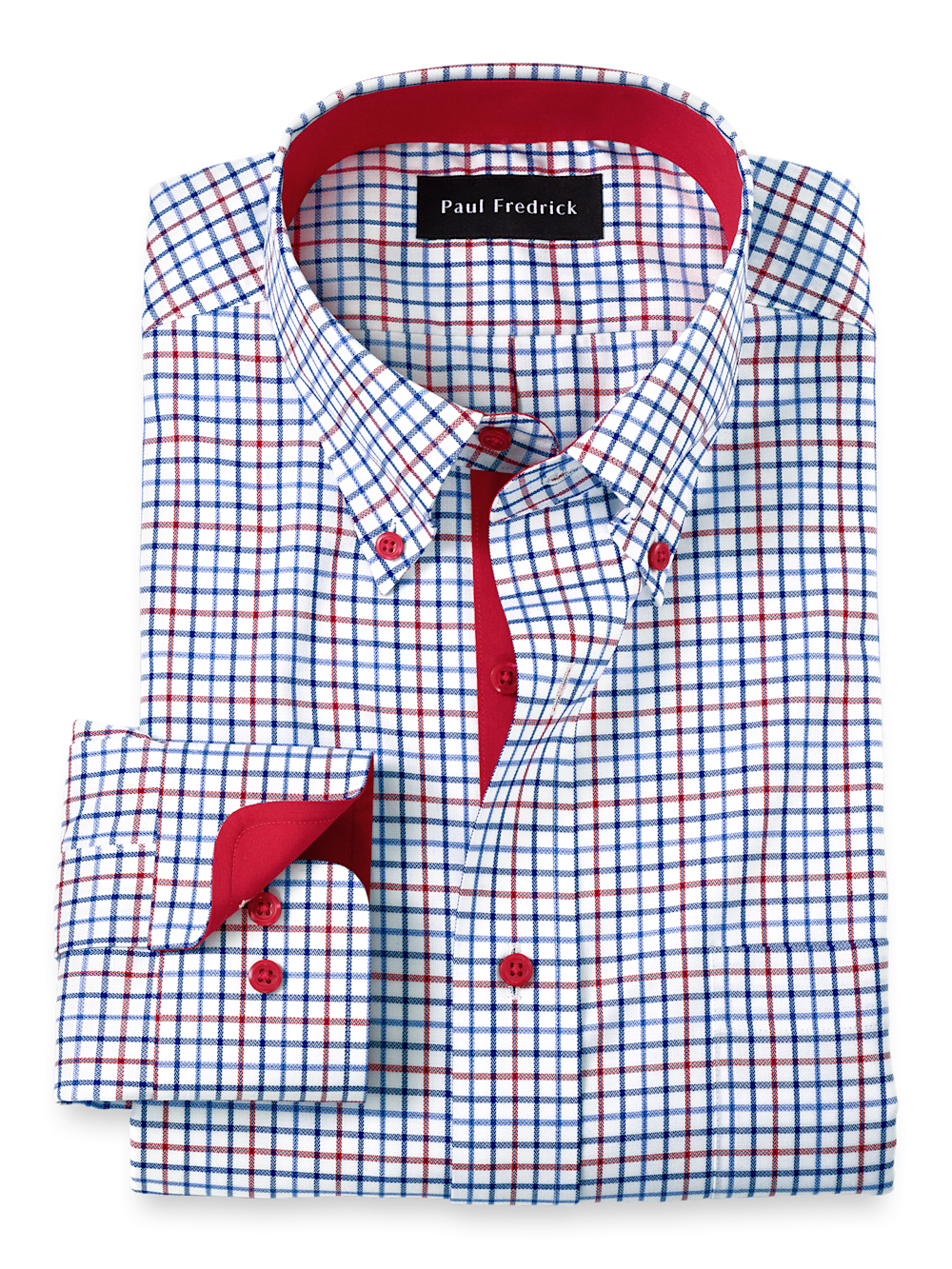Product Image of Non-iron Cotton Tattersall Dress Shirt With Contrast Trim-Blue/Red