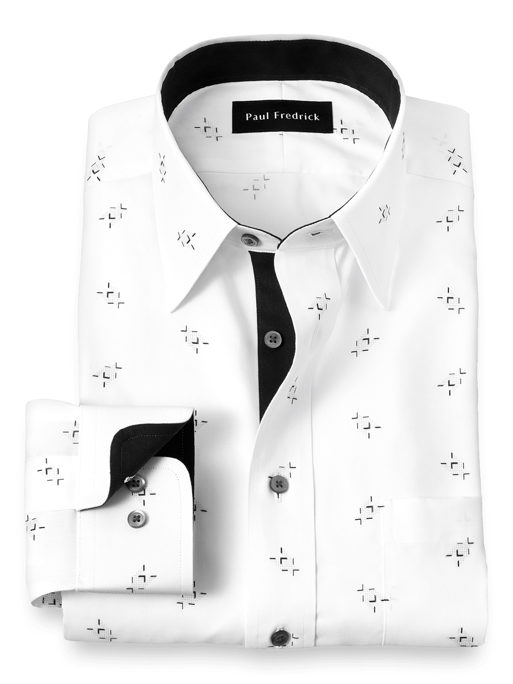 Product Image of Non-iron Cotton Houndstooth Print Dress Shirt With Contrast Trim-White