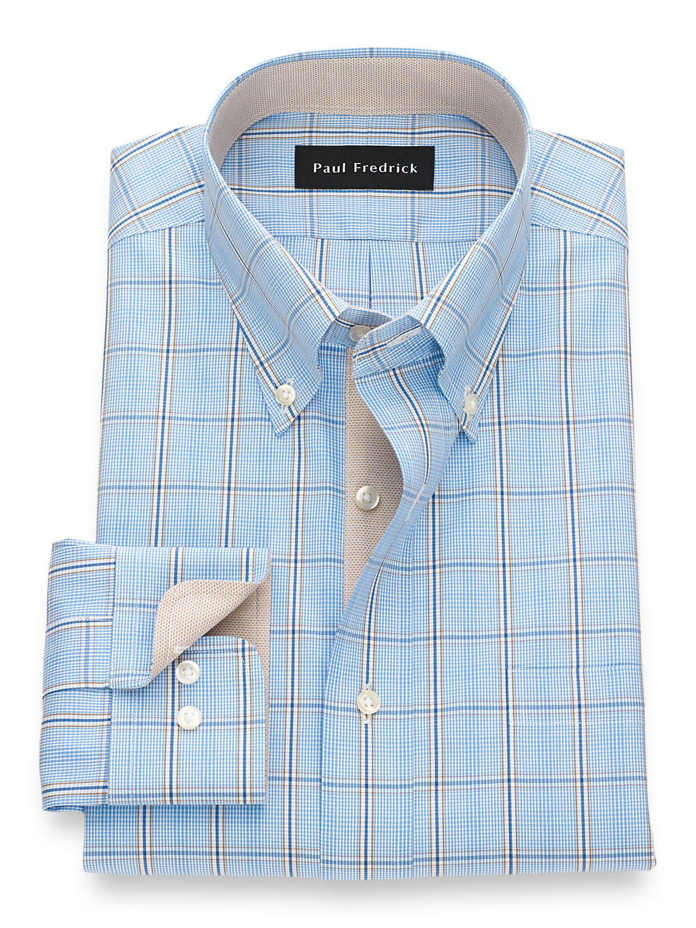 Product Image of Non-iron Cotton Pinpoint Glen Plaid Dress Shirt With Contrast Trim-Blue/Tan