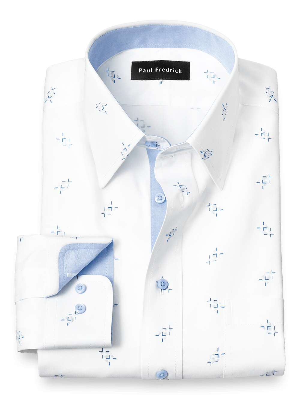 Product Image of Non-iron Cotton Houndstooth Print Dress Shirt With Contrast Trim-White