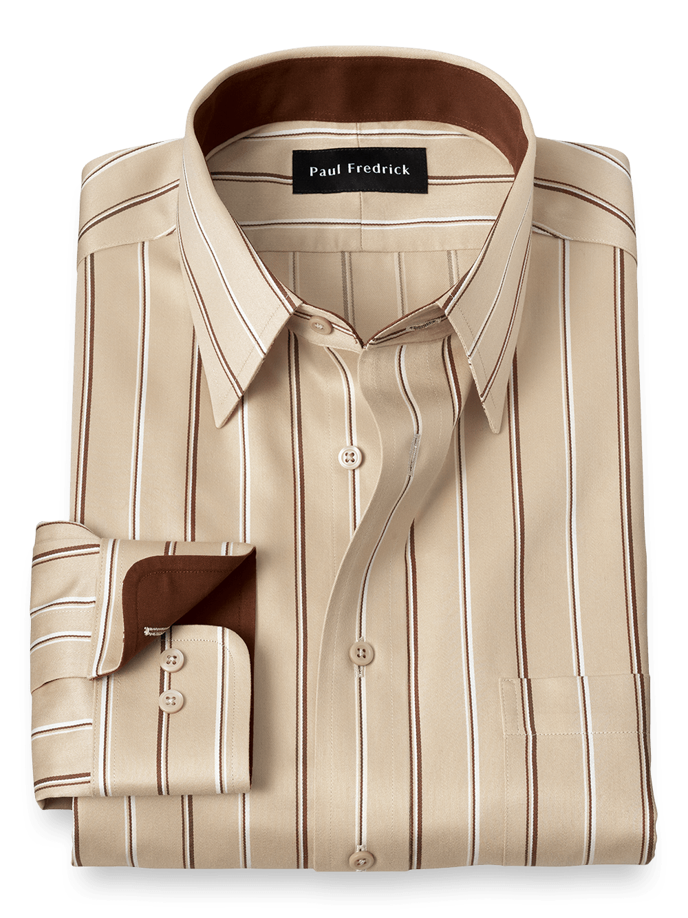 Product Image of Non-iron Cotton Stripe Dress Shirt With Contrast Trim-Tan