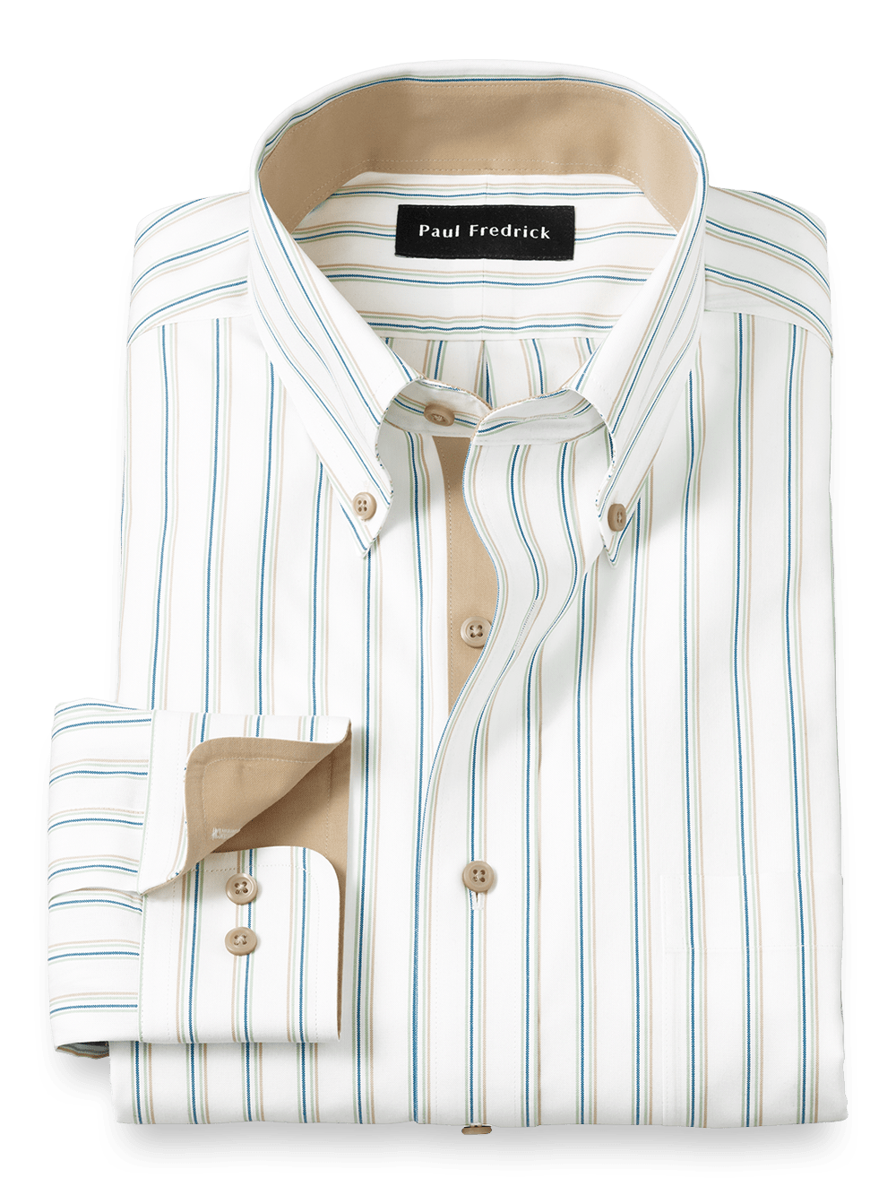 Product Image of Non-iron Cotton Stripe Dress Shirt With Contrast Trim-Green/Tan