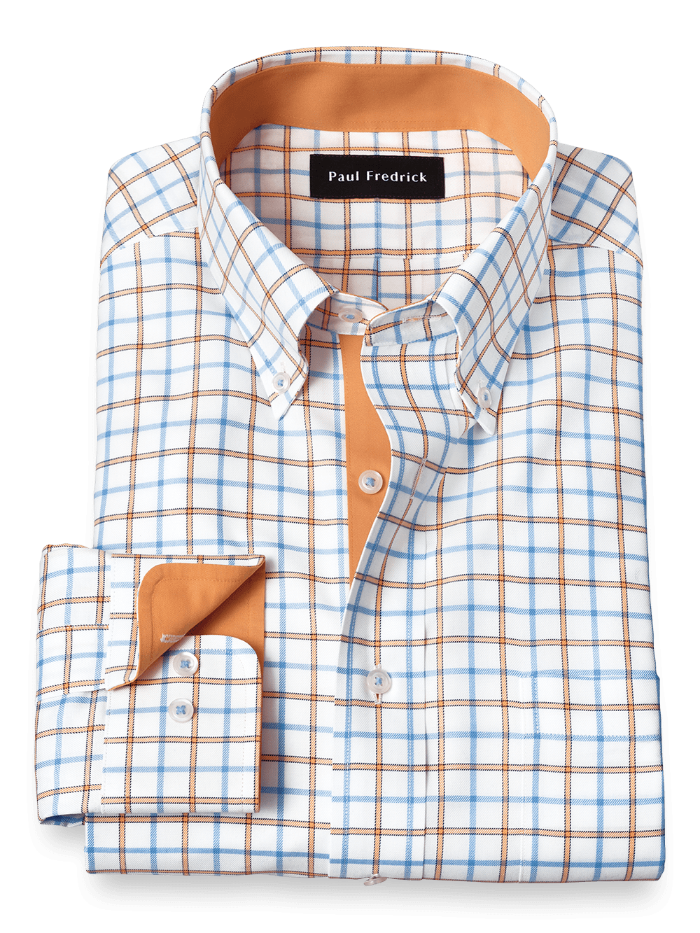 Product Image of Non-iron Cotton Windowpane Dress Shirt With Contrast Trim-Blue/Melon