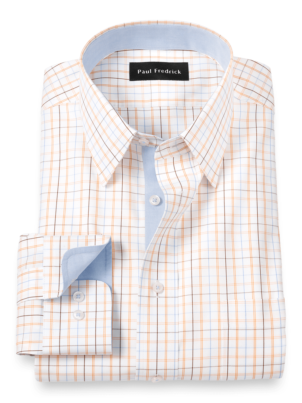 Product Image of Non-iron Cotton Tattersall Dress Shirt With Contrast Trim-Blue/Melon