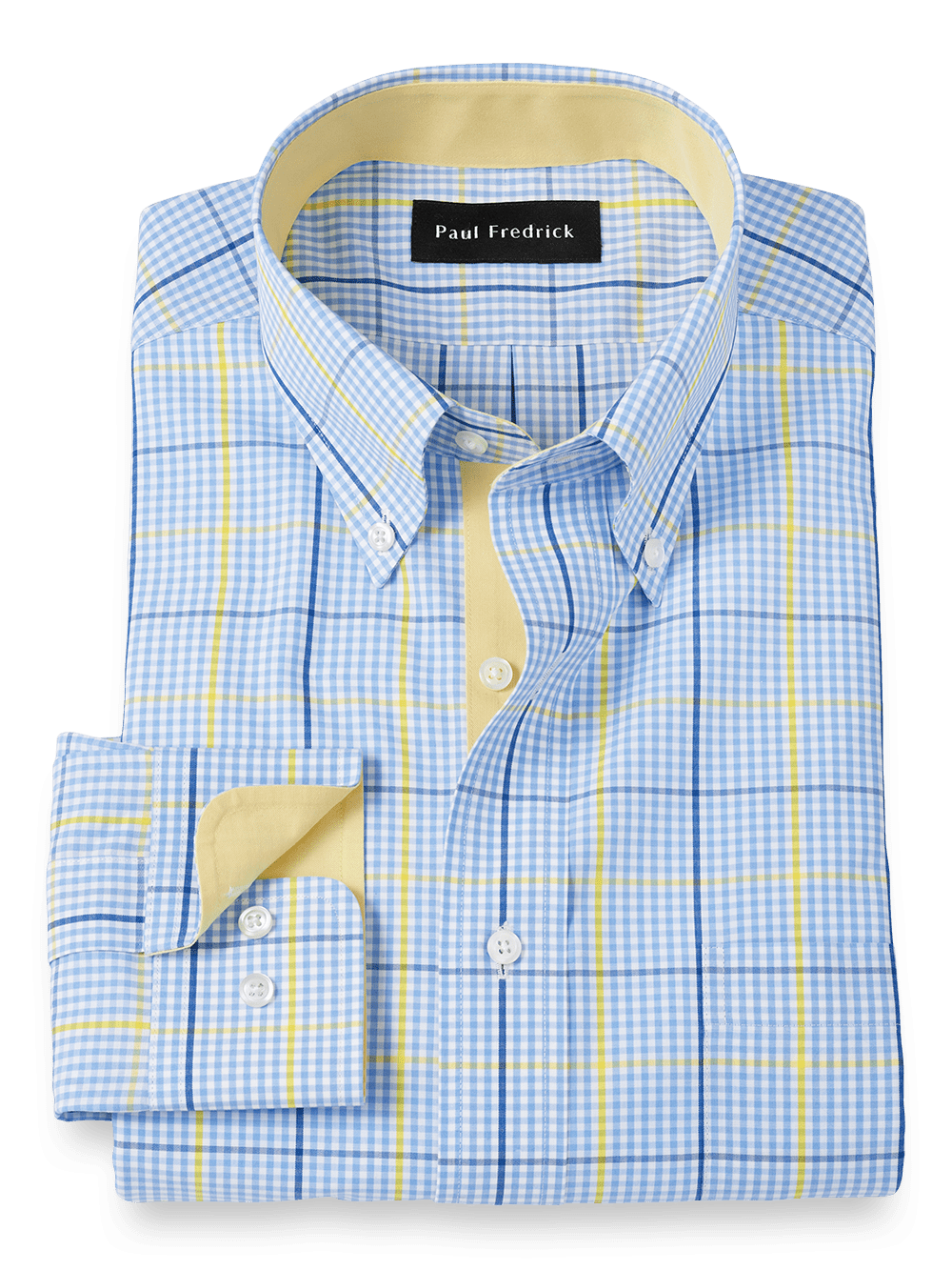 Product Image of Non-iron Cotton Plaid Dress Shirt With Contrast Trim-Blue/Yellow