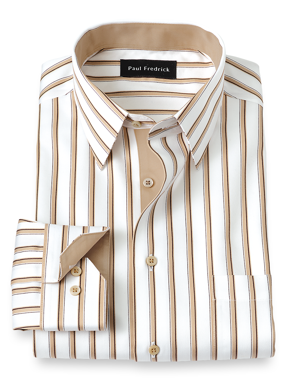 Product Image of Non-iron Cotton Stripe Dress Shirt With Contrast Trim-Tan
