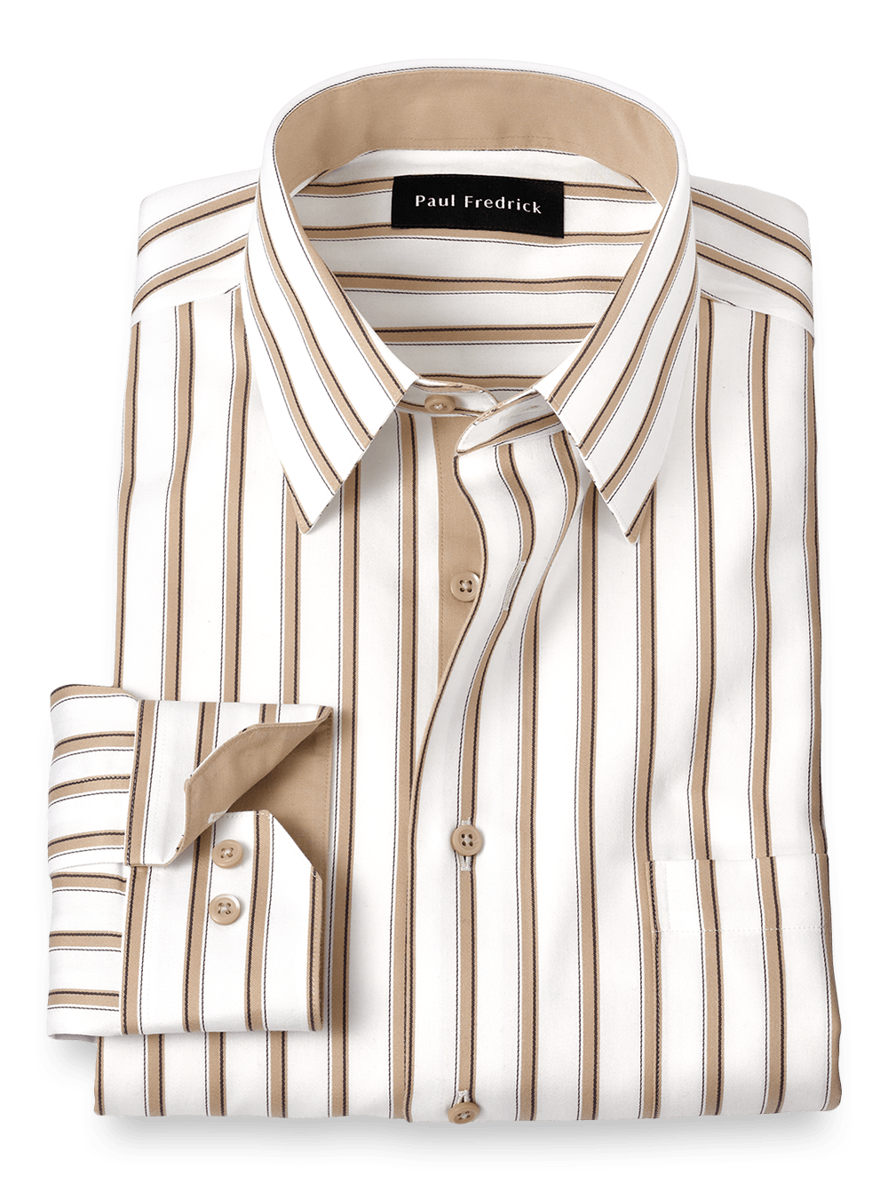 Product Image of Non-iron Cotton Stripe Dress Shirt With Contrast Trim-Tan