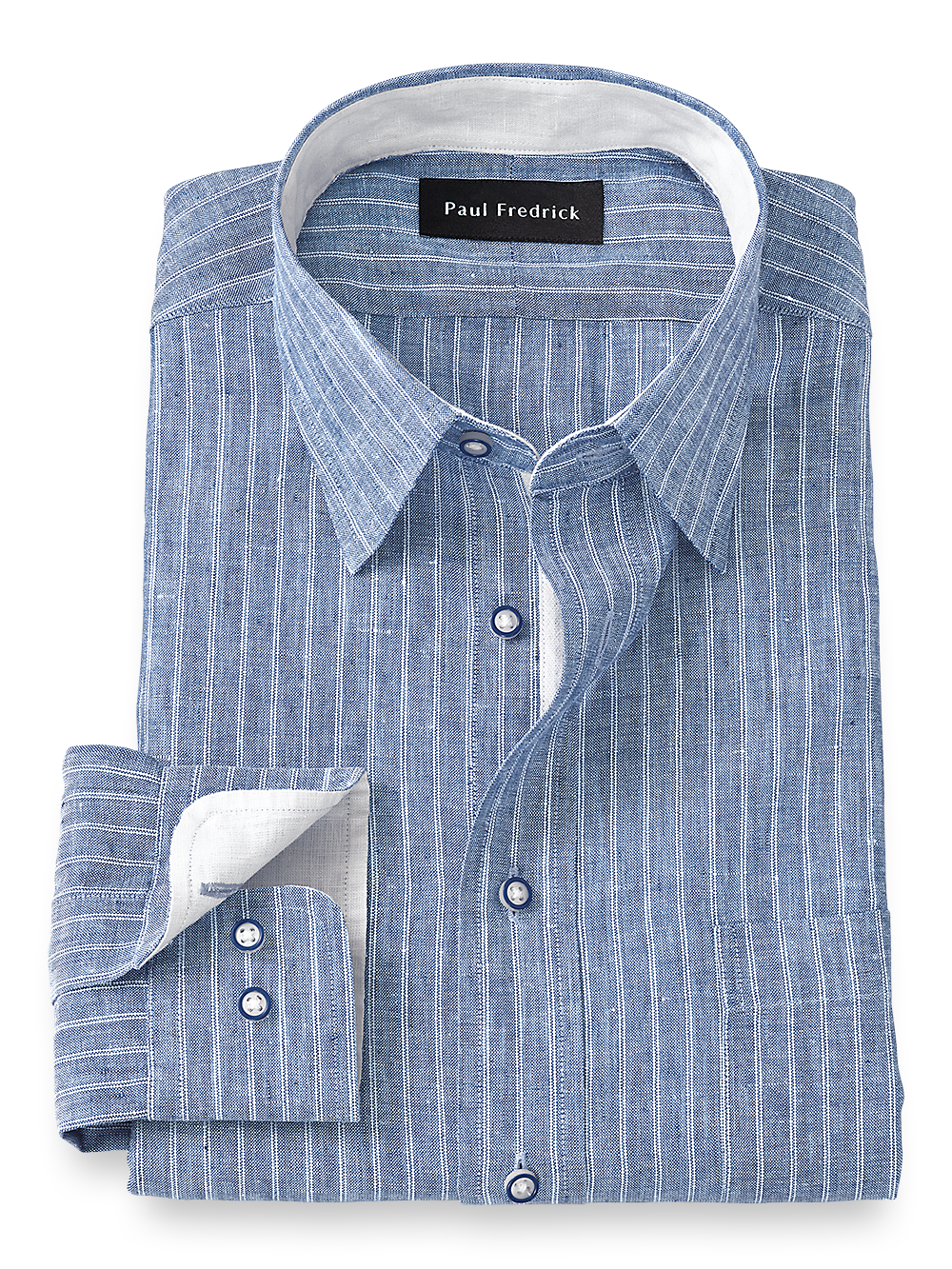 Product Image of Linen Stripe Dress Shirt With Contrast Trim-Blue