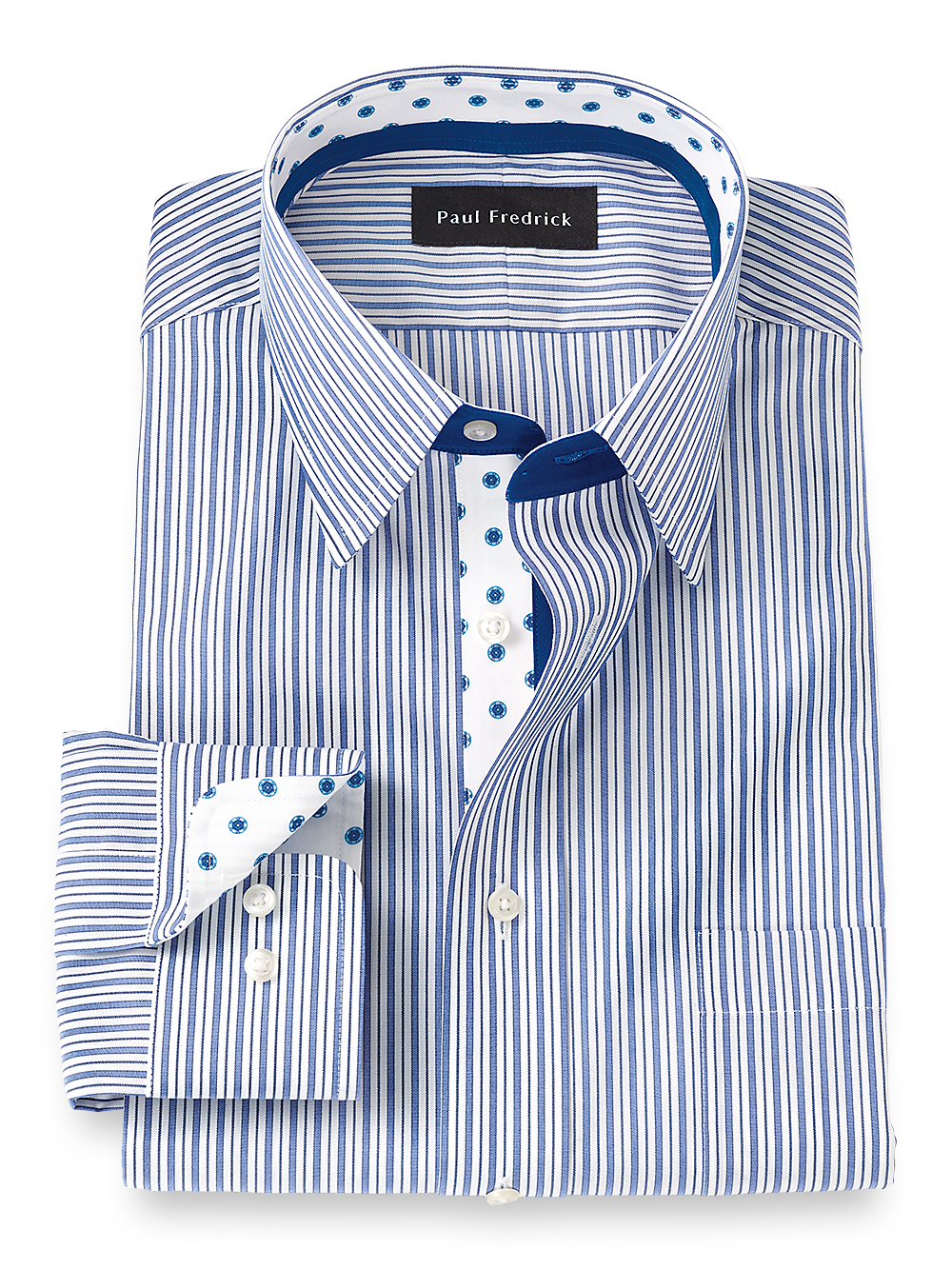 Product Image of Non-iron Cotton Stripe Dress Shirt With Contrast Trim-Cobalt