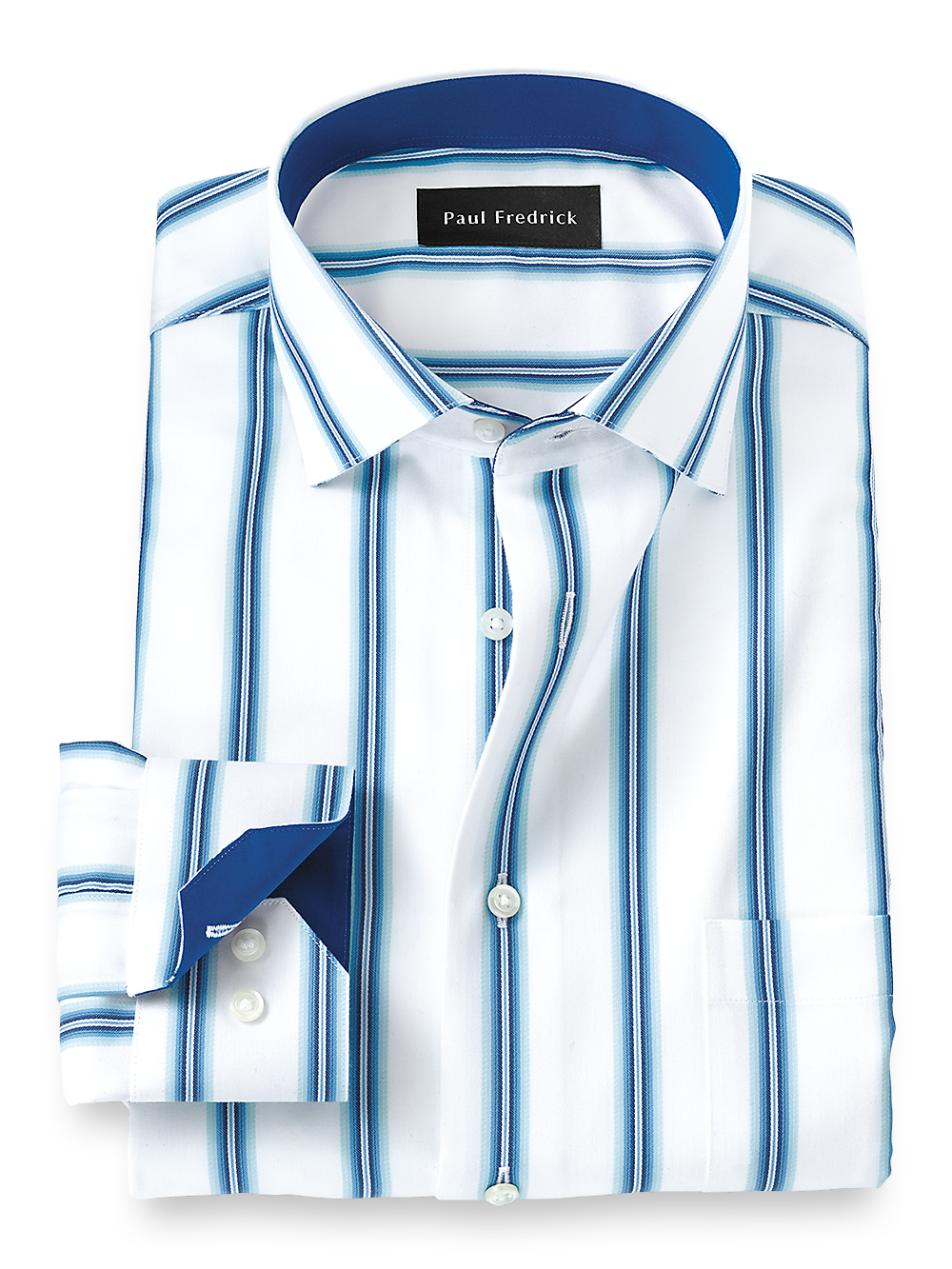 Product Image of Non-iron Cotton Stripe Dress Shirt With Contrast Trim-Cabalt Aqua