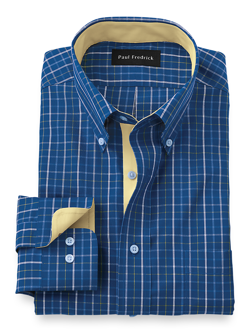 Product Image of Non-iron Cotton Tattersall Dress Shirt With Contrast Trim-Cobalt/Yellow