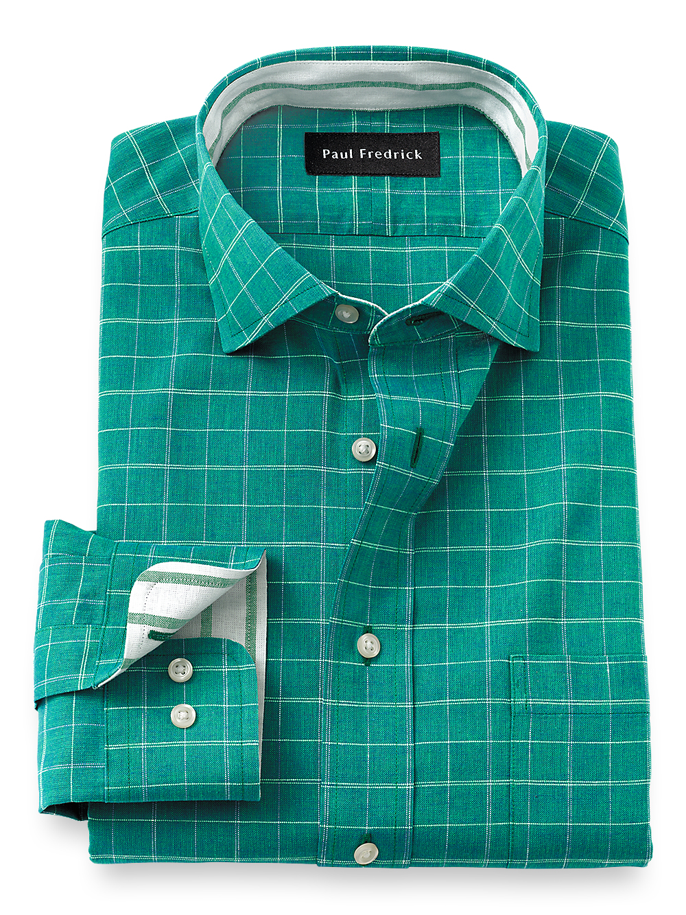 Product Image of Non-iron Cotton/linen Check Dress Shirt With Contrast Trim-Green