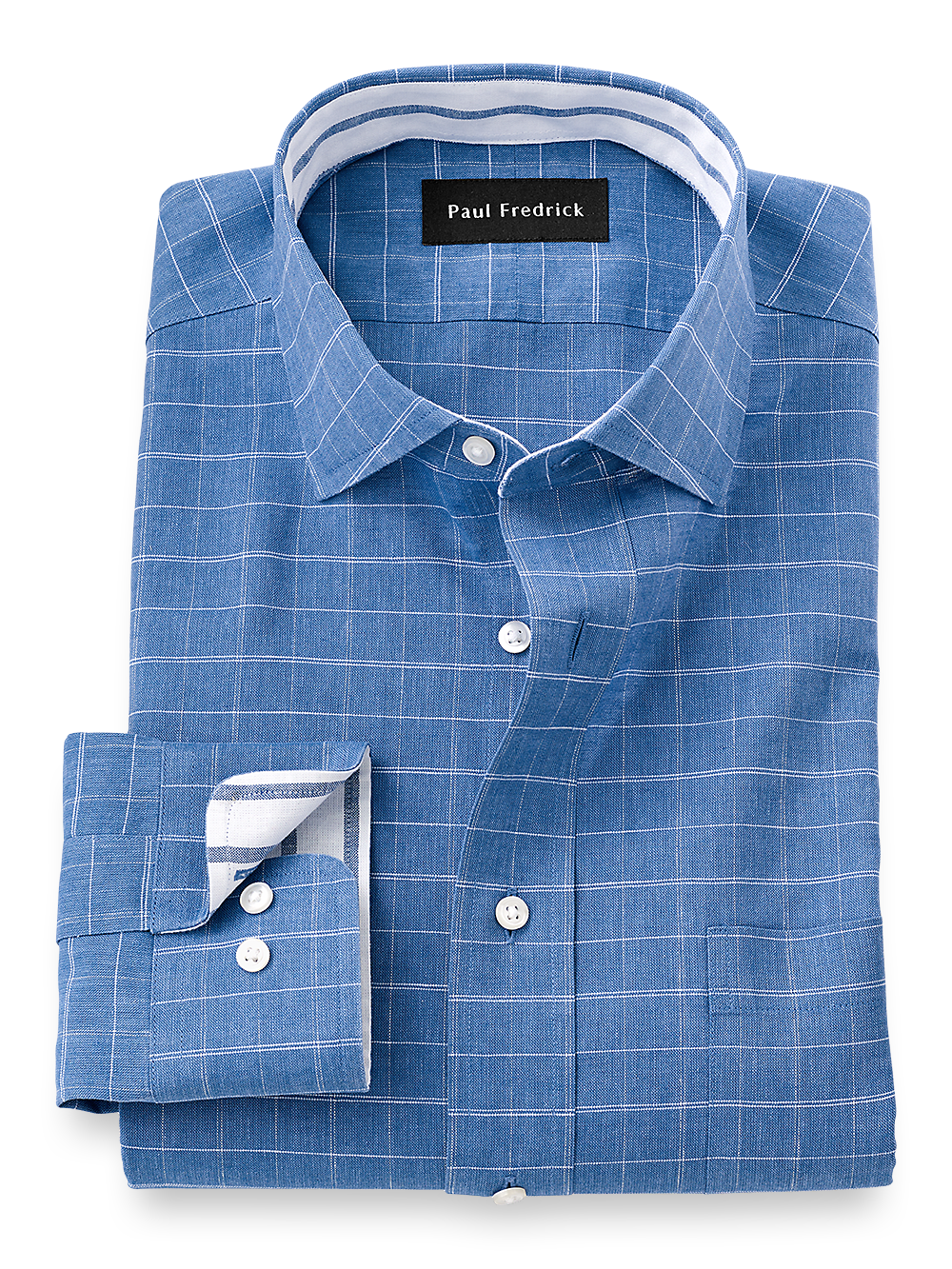 Product Image of Non-iron Cotton/linen Check Dress Shirt With Contrast Trim-Blue
