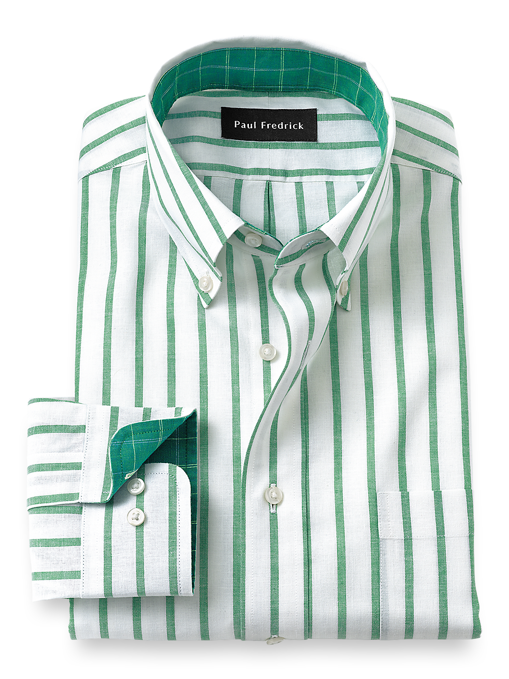 Product Image of Non-iron Cotton/linen Stripe Dress Shirt With Contrast Trim-Green