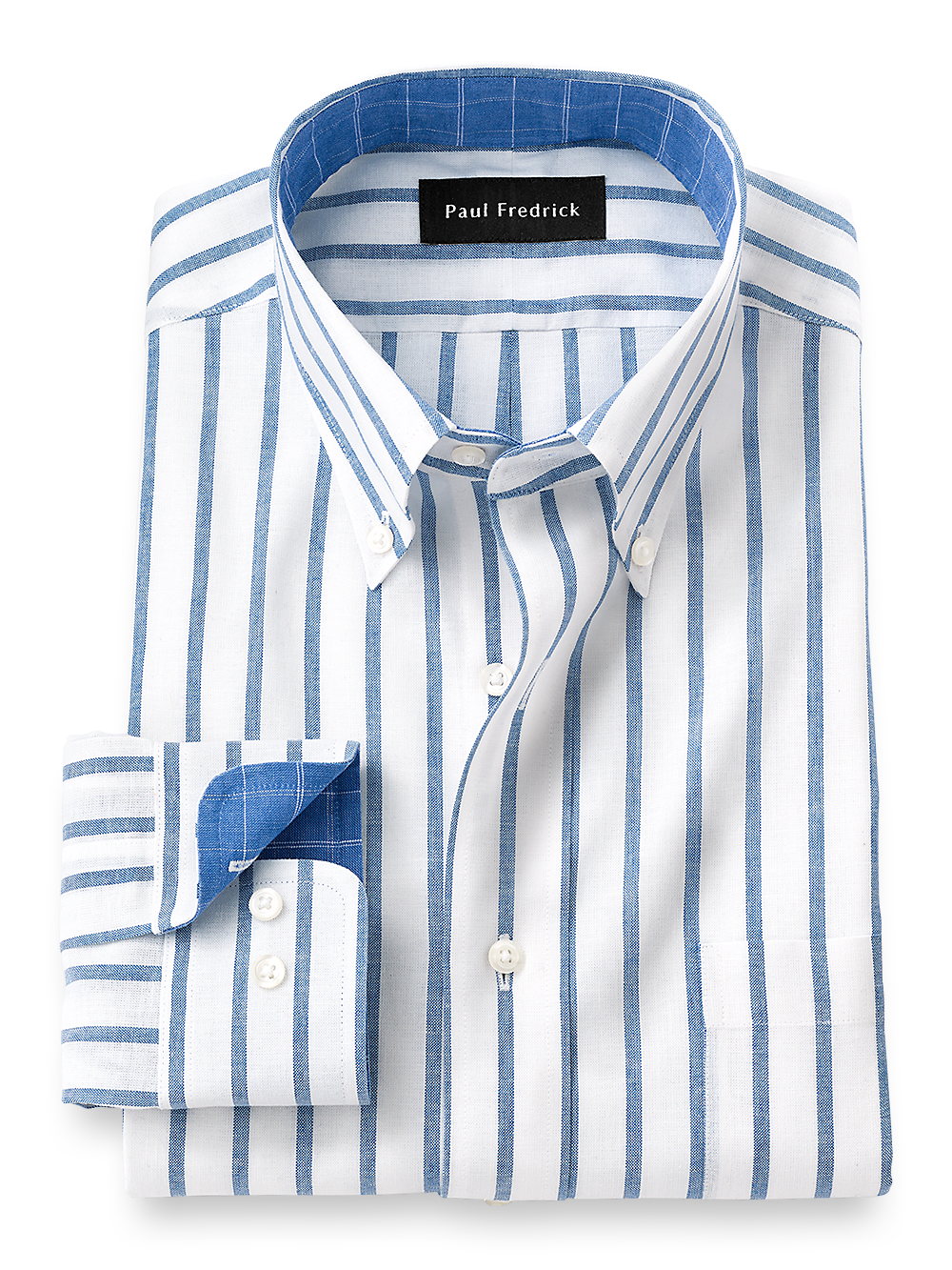 Product Image of Non-iron Cotton/linen Stripe Dress Shirt With Contrast Trim-Blue