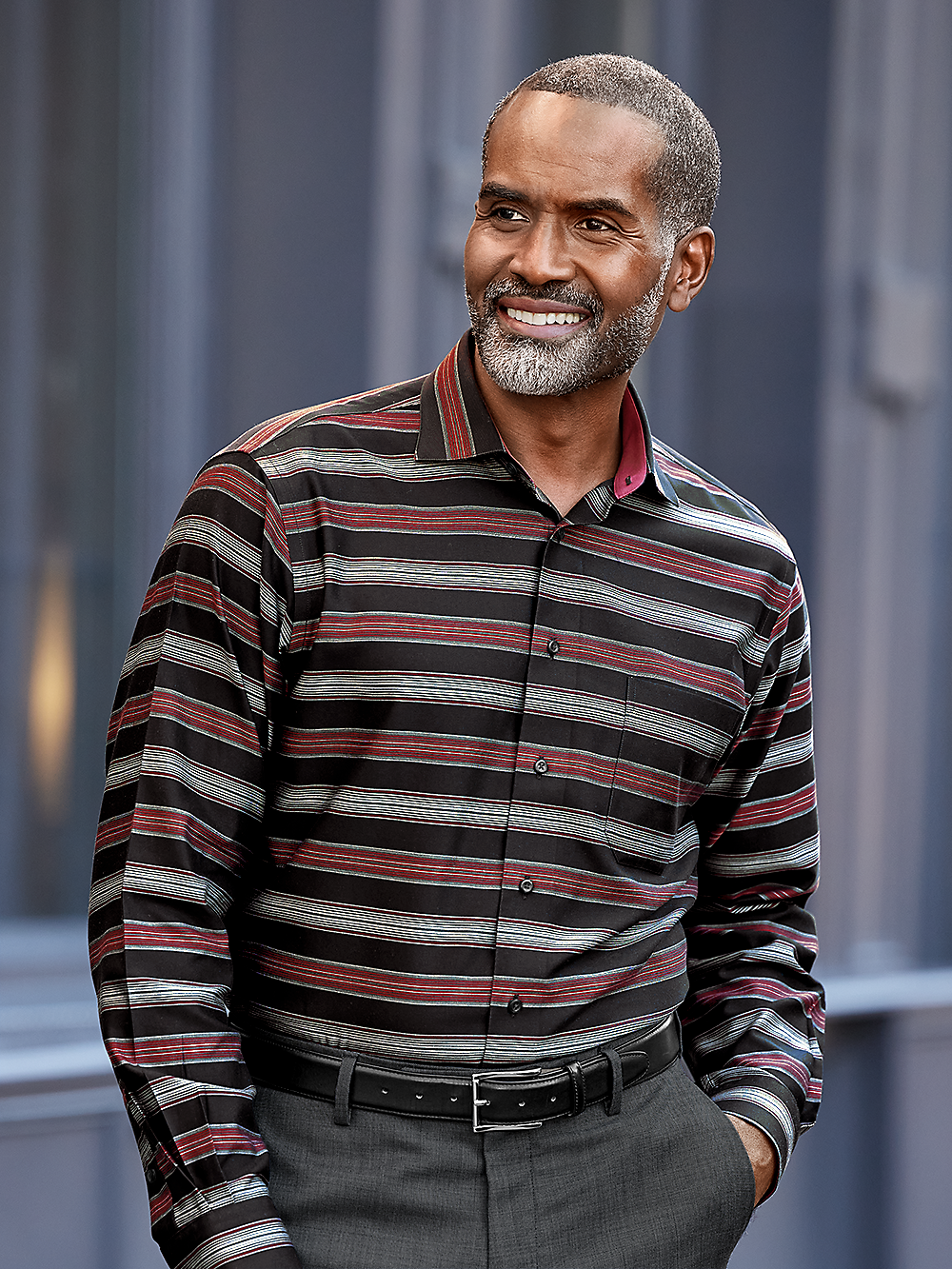 Alternate Image of Non-iron Cotton Horizontal Stripe Dress Shirt With Contrast Trim-1