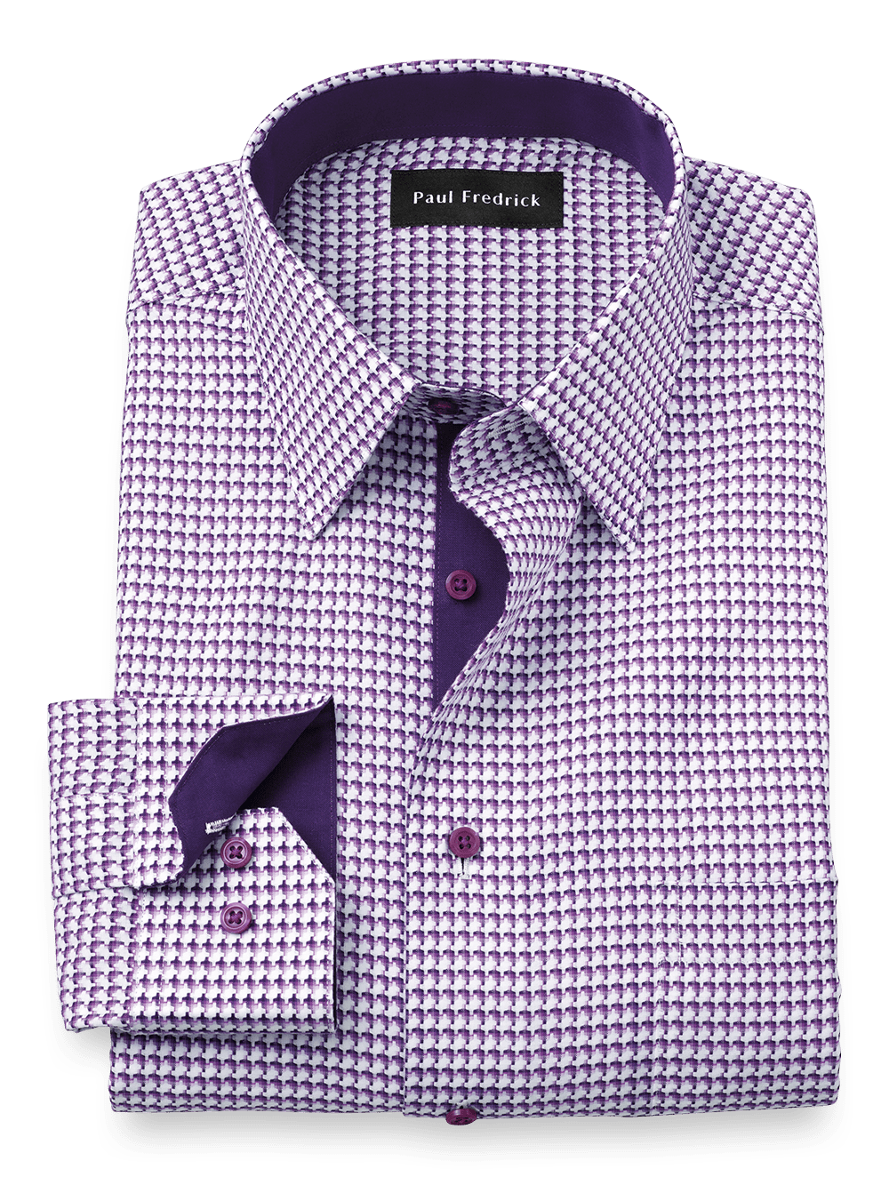 Product Image of Non-iron Cotton Houndstooth Dress Shirt With Contrast Trim-Purple