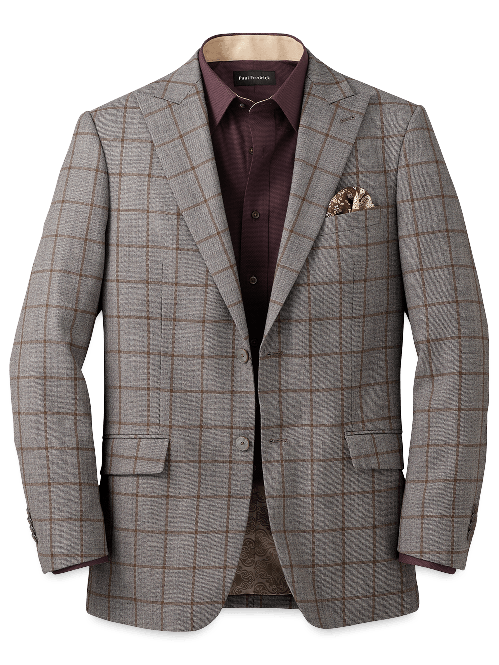 Product Image of Wool Windowpane Single Breasted Peak Lapel Sport Coat-Grey/Brown