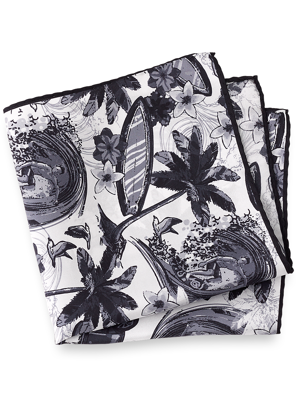 Product Image of Surfer & Palm Tree Silk Pocket Square-Black/White