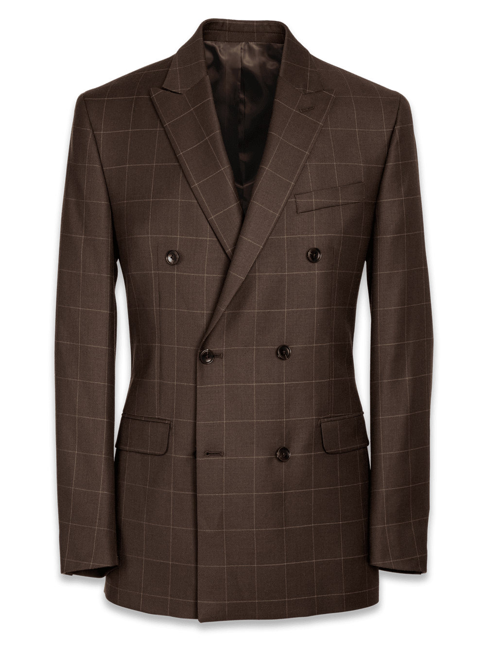 Product Image of Tailored Fit Essential Wool Double Breasted Peak Lapel Suit Jacket-Brown Windowpane