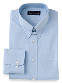 Pure Cotton Pinpoint Solid Color Snap Tab Collar Dress Shirt - Blue