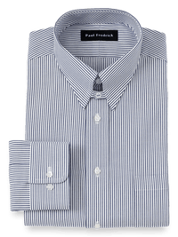 Pure Cotton Pinpoint Solid Color Snap Tab Collar Dress Shirt - Blue Stripe