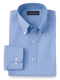 Pure Cotton Broadcloth Solid Color Button Down Collar Dress Shirt - Blue