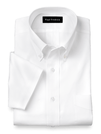 Pure Cotton Pinpoint Solid Color Button Down Collar Short Sleeve Dress Shirt - White