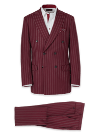 Wool Stretch Stripe Double Breasted Peak Lapel Suit - Burgundy