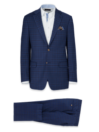 Wool Stretch Plaid Single Breasted Notch Lapel Suit - Blue