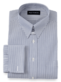 Non-Iron Cotton Pinpoint Solid Snap Tab Collar French Cuff Dress Shirt - Blue Stripe