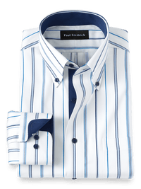 Non-Iron Cotton Stripe Dress Shirt With Contrast Trim - Blue