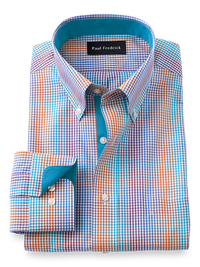 Non-Iron Cotton Tattersall Dress Shirt With Contrast Trim - Multi