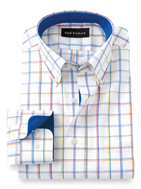 Non-Iron Cotton Windowpane Dress Shirt With Contrast Trim - Multi