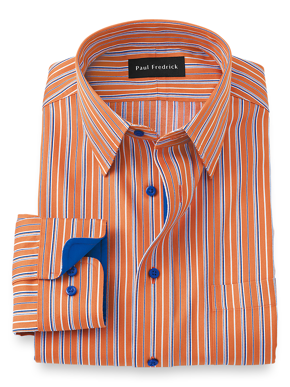 Product Image of Non-iron Cotton Stripe Dress Shirt With Contrast Trim-Orange/Blue