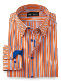 Non-Iron Cotton Stripe Dress Shirt With Contrast Trim - Orange/blue