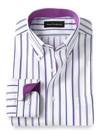 Non-Iron Cotton Stripe Dress Shirt With Contrast Trim - Purple
