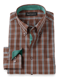 Non-Iron Cotton Windowpane Dress Shirt With Contrast Trim - Brown