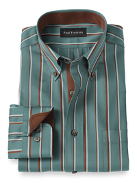 Non-Iron Cotton Stripe Dress Shirt With Contrast Trim - Pine Green