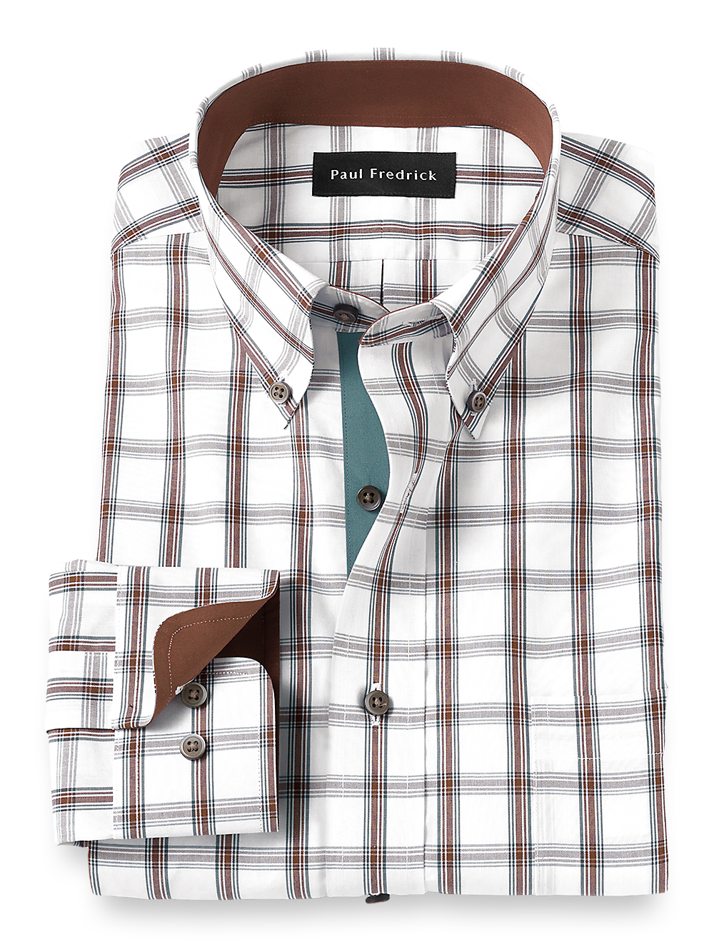 Product Image of Non-iron Cotton Windowpane Dress Shirt With Contrast Trim-Brown/Pine