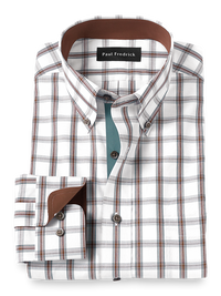 Non-Iron Cotton Windowpane Dress Shirt With Contrast Trim - Brown/pine